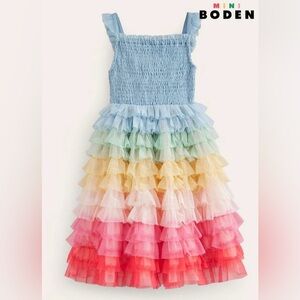 New Mini Boden Rainbow Unicorn Light Blue Tulle Smocked Girls Dress Sz 9-10y
